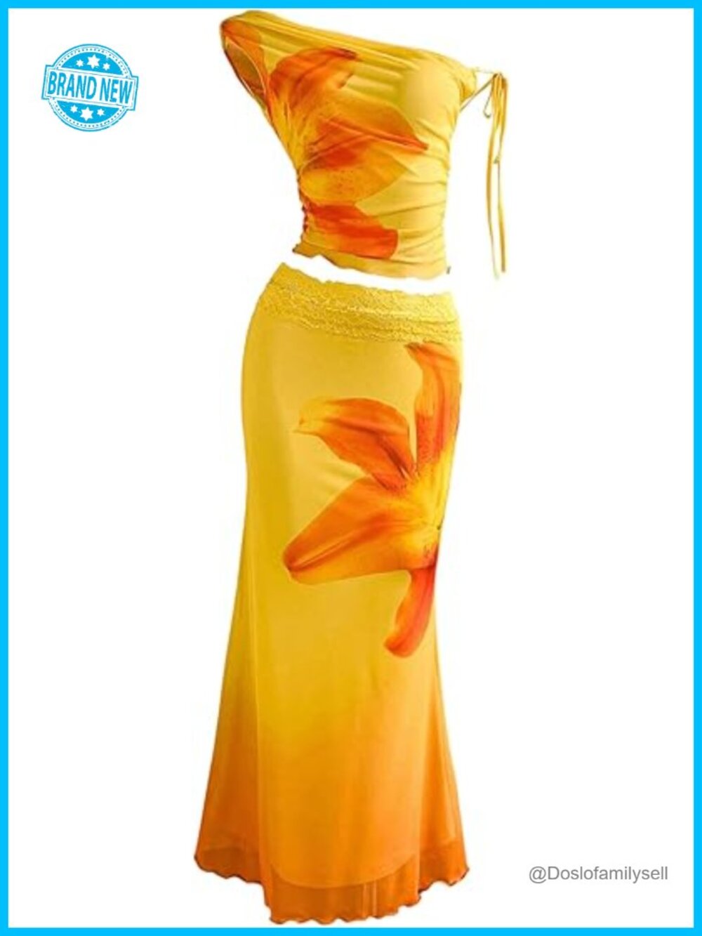 Women's 2 Piece Floral Mesh One Shoulder Crop Top and Bodycon Maxi Skirt Set